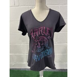 Harley Davison Women’s T-shirt Size L Skull On Front V Neck Greenville Purple